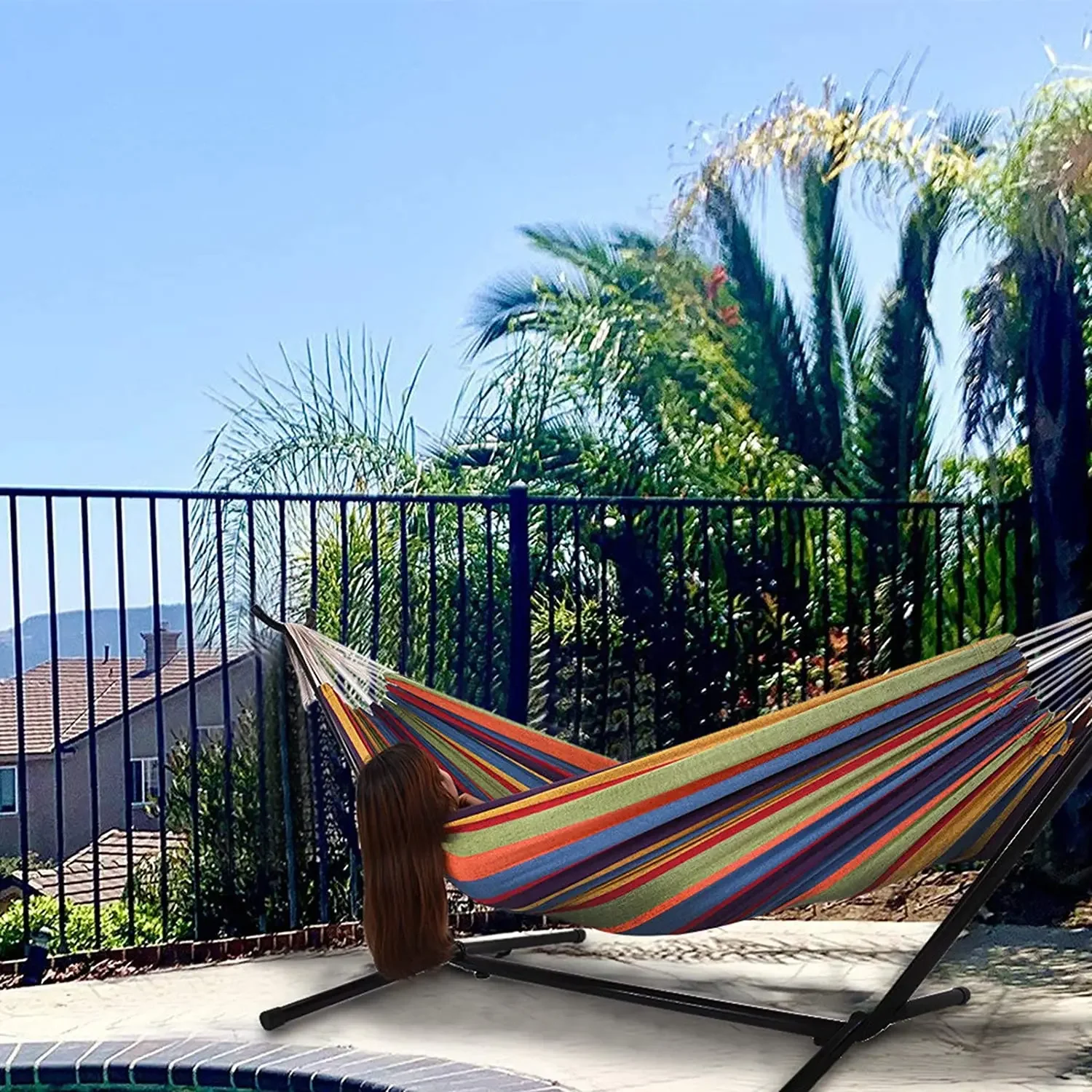 

l # High Quality Basics Brazilian-Style Double Cotton Hammock with Steel Stand