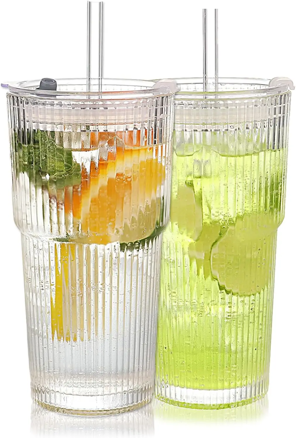 

2-Pack Ribbed Glass Tumblers with Lids & Straws, 20oz Clear Vintage Design, Unbreakable, Great for Iced Coffee, Smoothies, Tea,