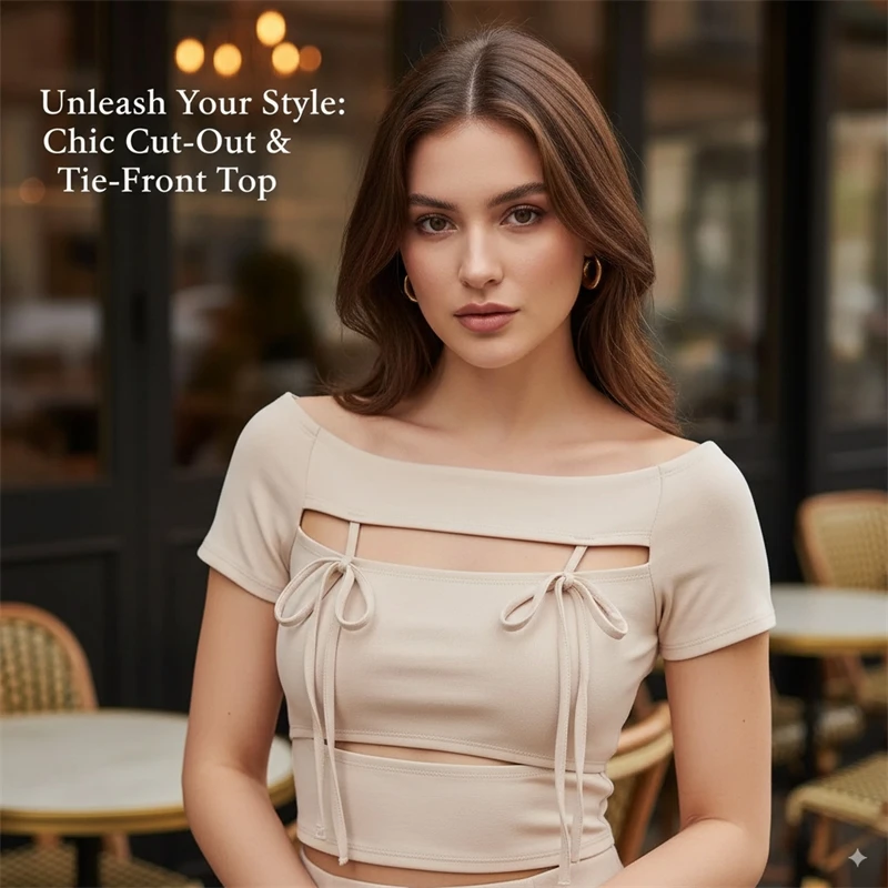 

Japanese Sweet Style Crop Top for Women Cut-Out Tie Front Slim Fit T-Shirt Off Shoulder Summer 2025 Fashion