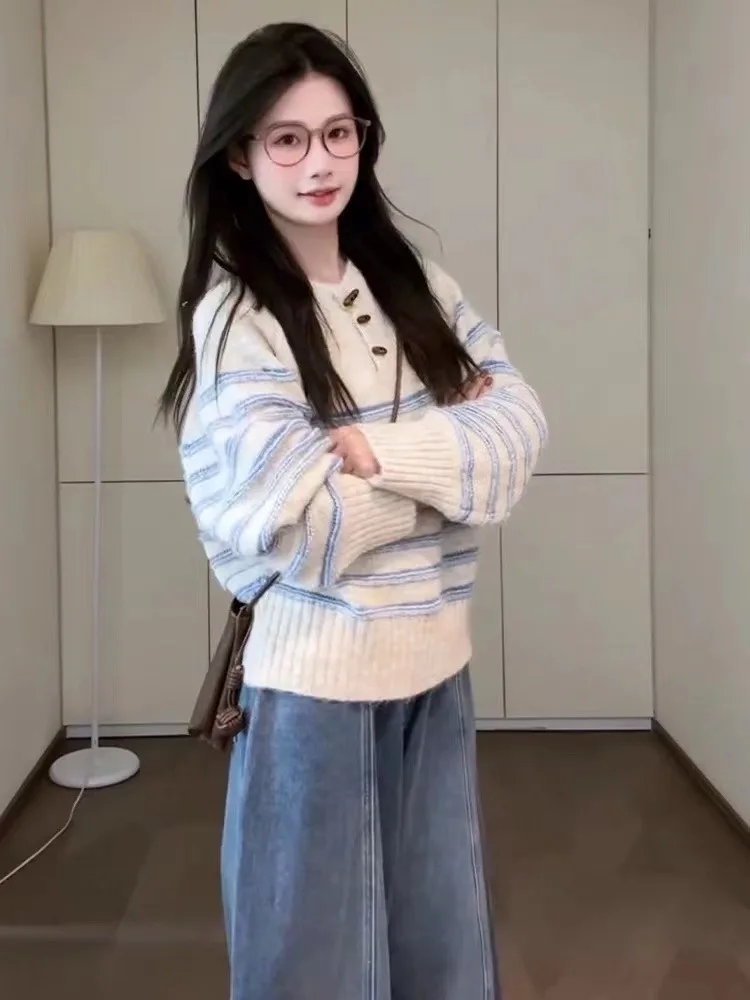 

Casual Striped Knit Sweater Women's Autumn Winter Faion Color Blo Button up Top Loose Fit round Ne Long Sve Knittedwear