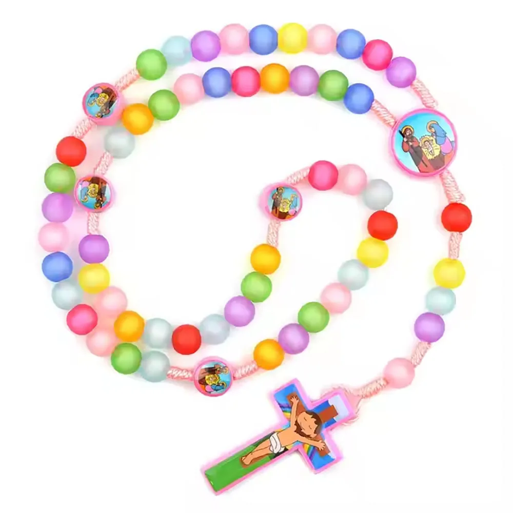 1Pcs Child Pink Cartoon Acrylic Catholic Rosary for Kids 20inch Boy Girl Cord Rosaries
