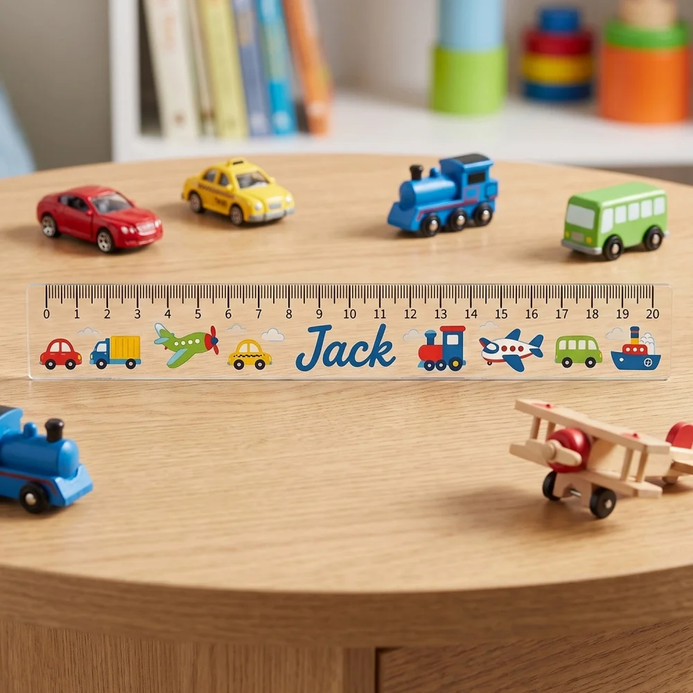 Personalized Name Acrylic Ruler,Car Train Plane Truck Transportation Clear Straight Ruler,Custom Back to School Stationery Gift