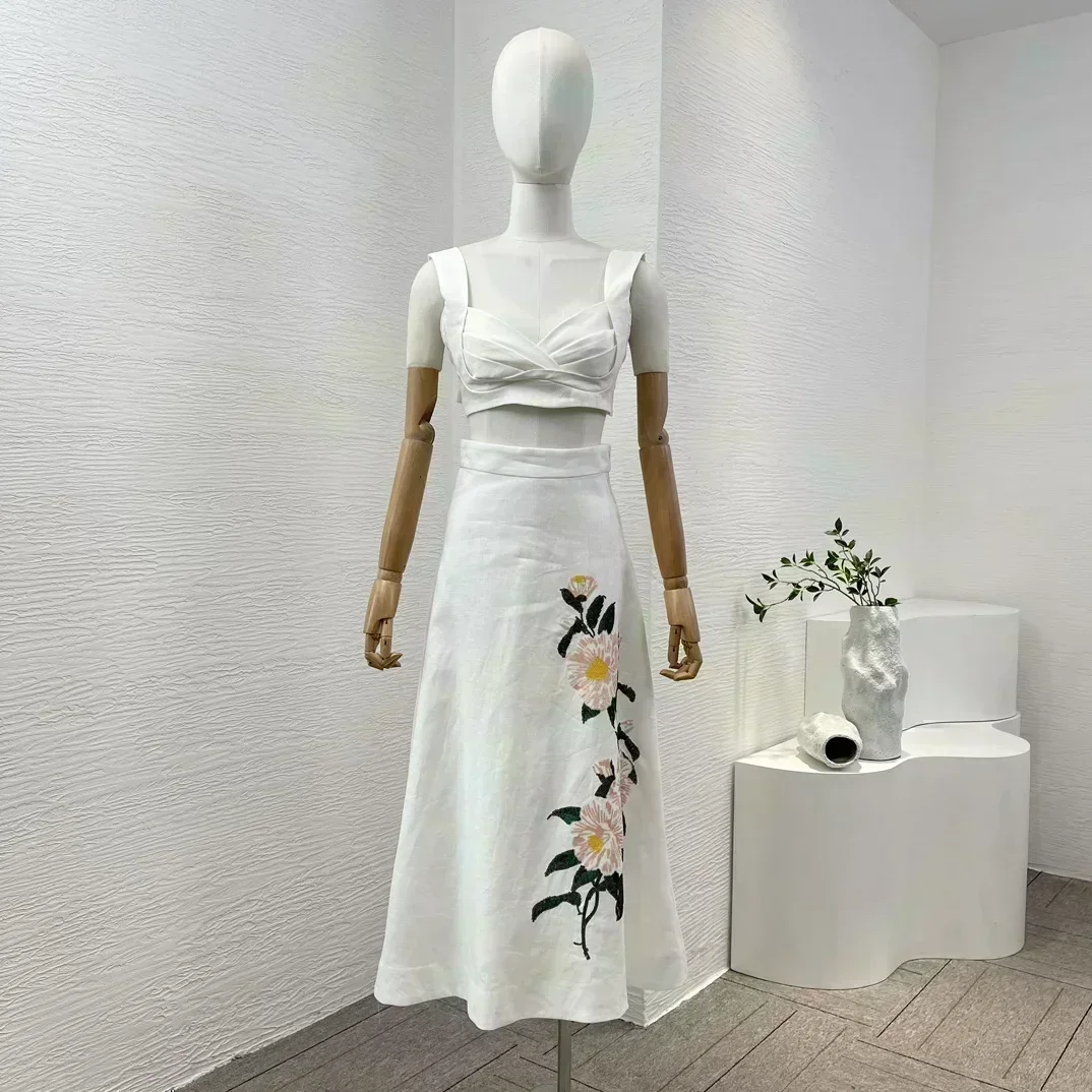 Linen 2024 Women Elegant All-matching Clothing White Sleeveless Self Tie Bow Vest Tops and Flower Sequined Midi Skirt Sets