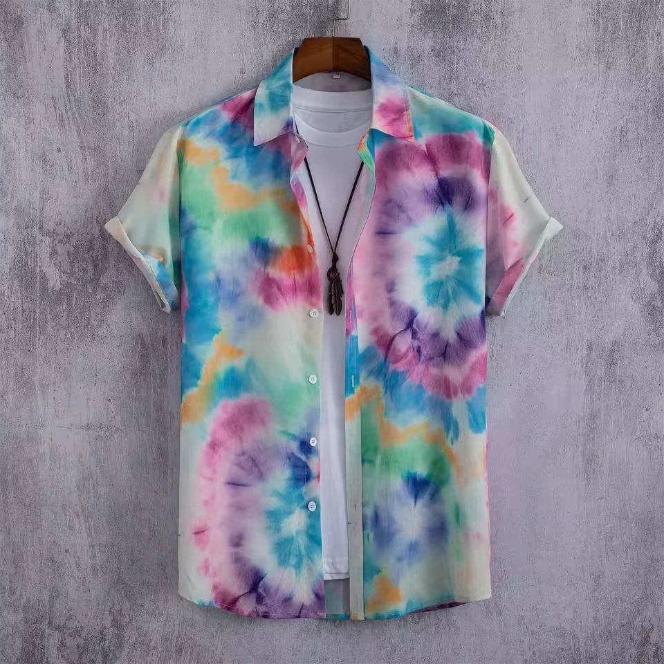 Loose Regular Cuff Men'S Button Down Shirt Casual Men'S Loose Lapel Print Color Contrast Short Sleeve Button Up Camisa Masculina