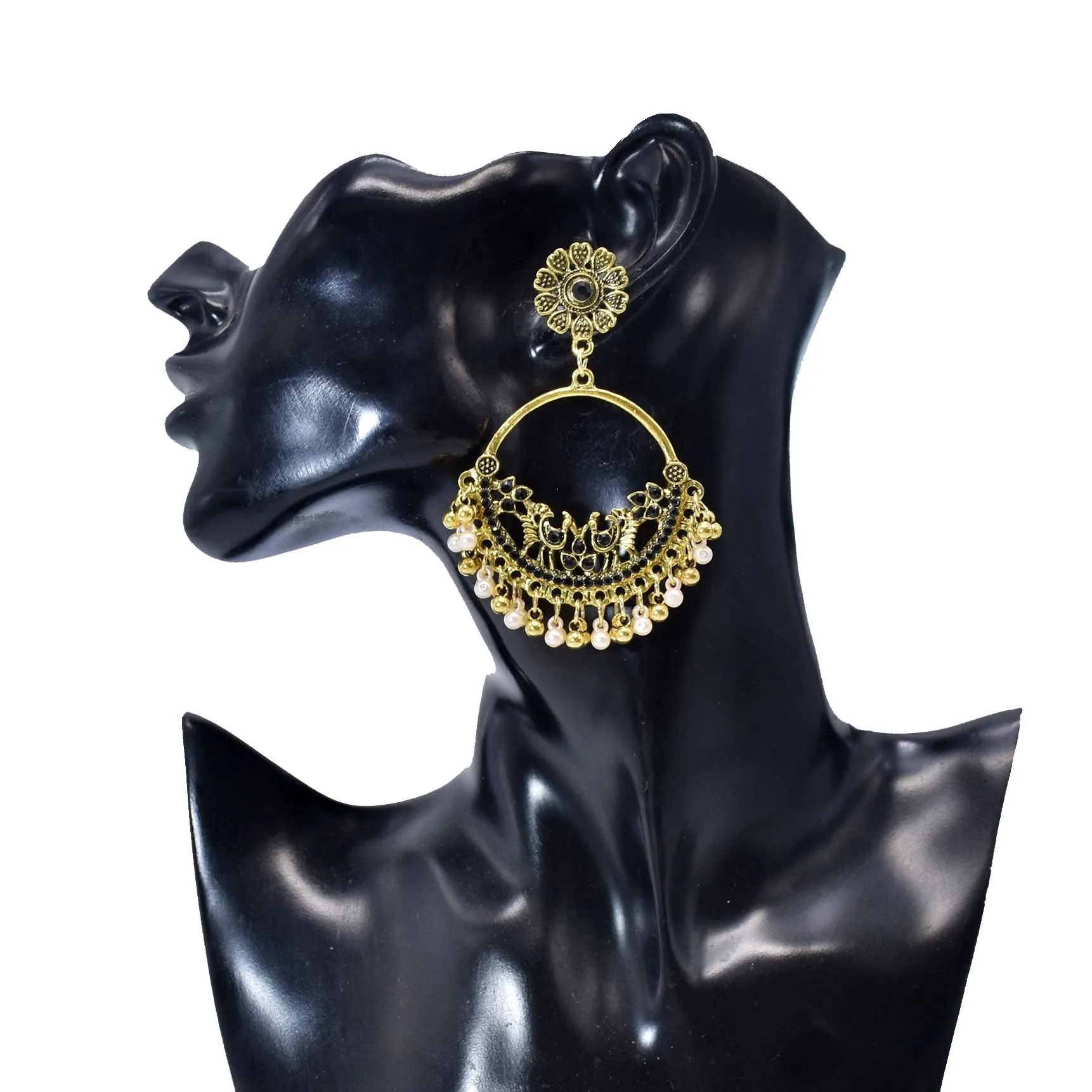 Indian Bollywood Moon Kundan Rhinestones Earrings Carved Flower Big Fan Bells Long Tassel Earring Bridal Wedding Jewelry Gift