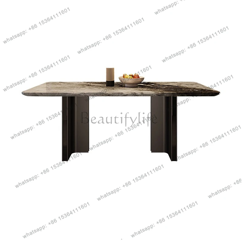 

Marble dining table simple rectangular household small apartment stainless steel dining table Italian light luxury