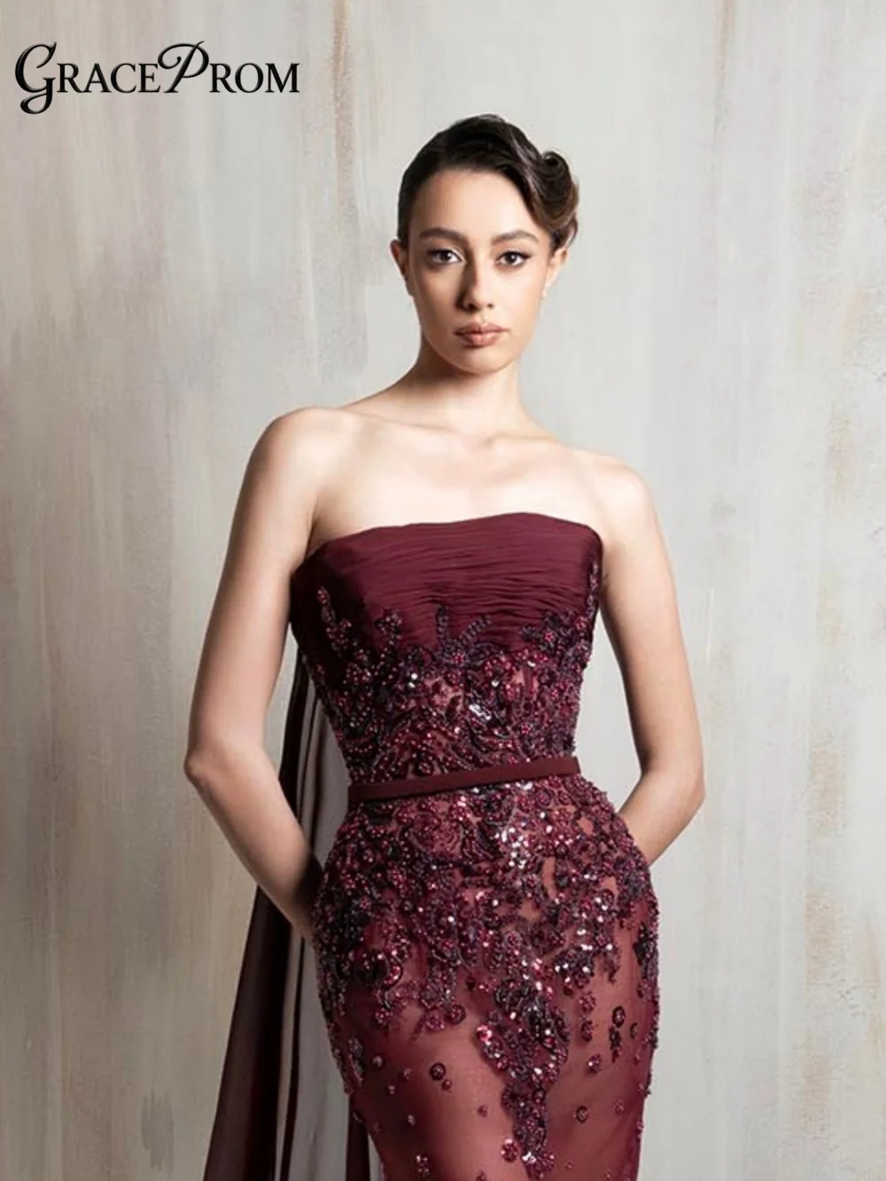 

Elegant Burgundy Strapless Evening Dress 2026 Sparkling Beading Sequins Party Dress Cape Sleeve Mermaid Formal Gown For Women