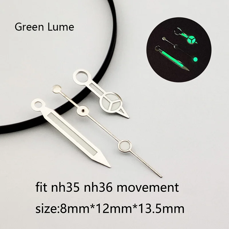 Black Mercedes Style Green C3 Luminous Needles Watch Accessories Suitable for NH35 NH34 NH36 Diver Watch Hands Set Pointer Pin