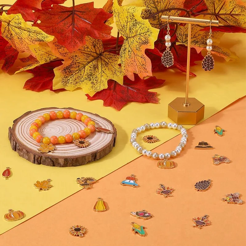 64Pcs Thanksgiving Enamel Charms Alloy Fall Charm Bulk Alloy Autumn Harvest Sunflower Turkey Pumpkin