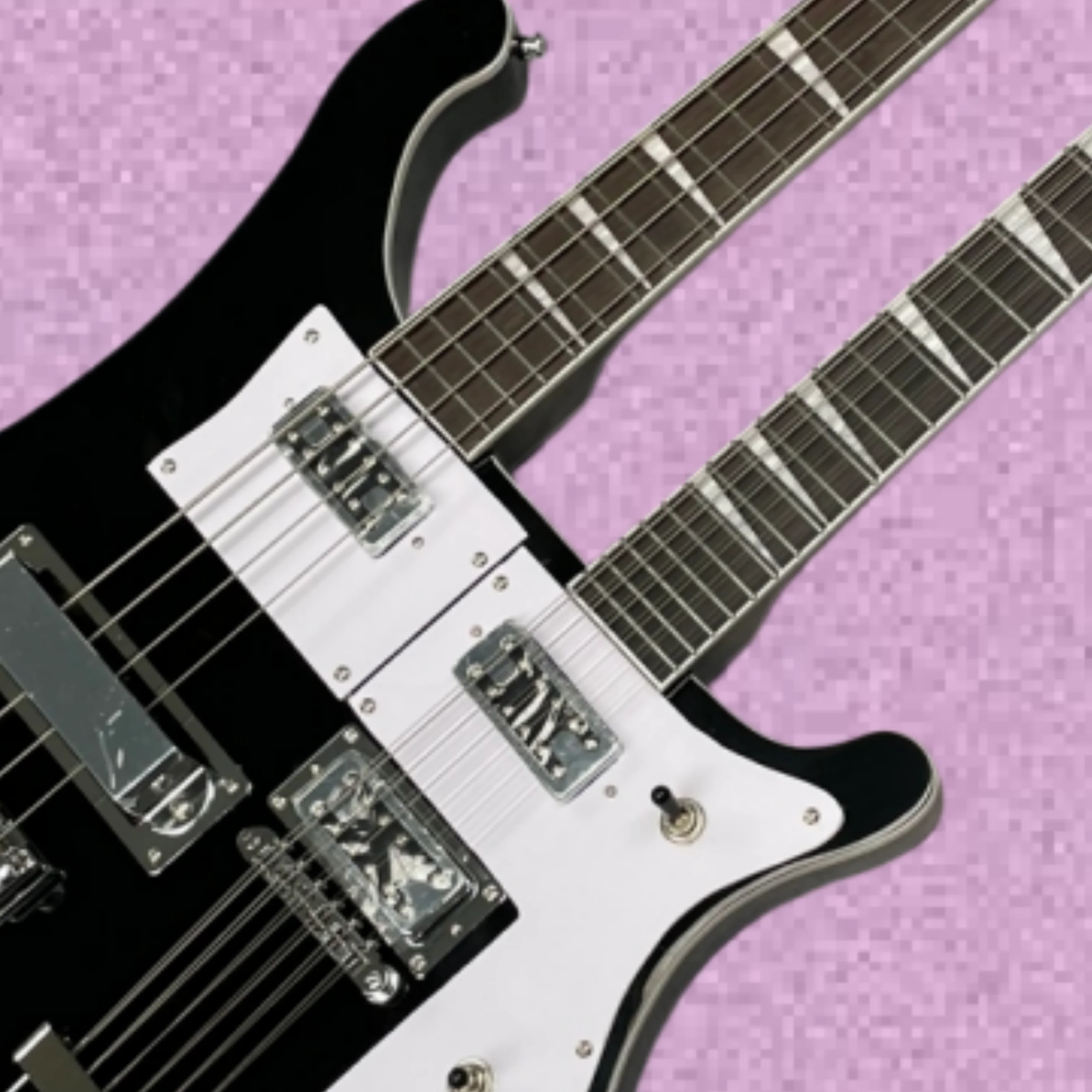 4+12 Black Dual-Head Electric Bass Guitar,White pickguard and Black Knobs Guitars,One-Touch Switching Between Bass and Guitarra