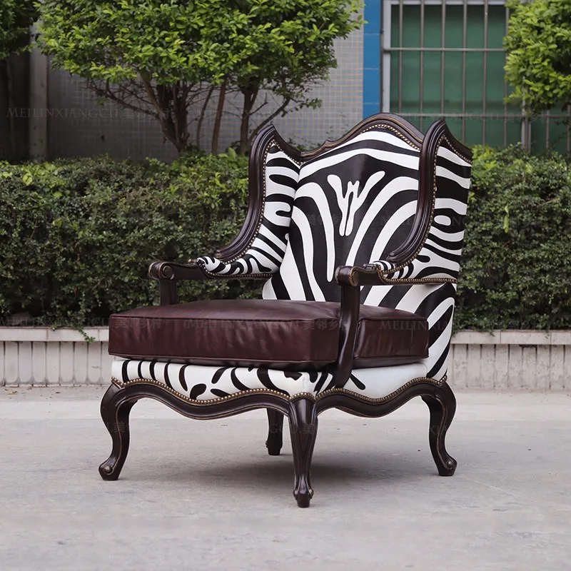 American solid wood leather country retro zebra pattern tiger stool single sofa
