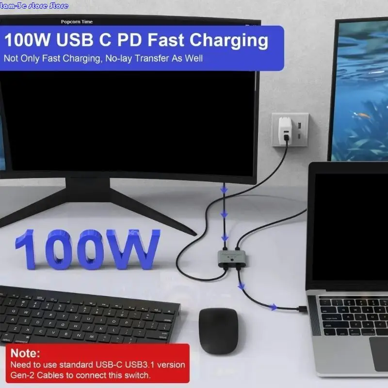 

D0UA 8K USB C Splitter Splitter для 2 Компьютера Двунаправленный тип C KVM Поддержка переключения 100 Вт. Зарядка 10 Гбит / с