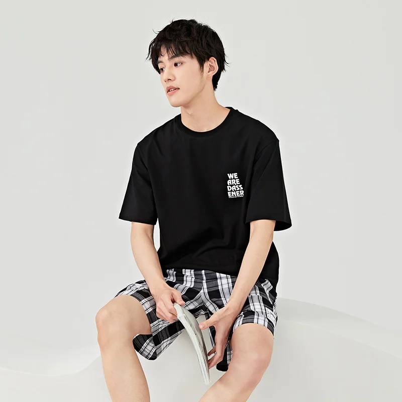 Semir Pajamas Men Pure Cotton Summer Suit Can be Worn Outside Short-Sleeved Shorts Comfortable Home Clothes