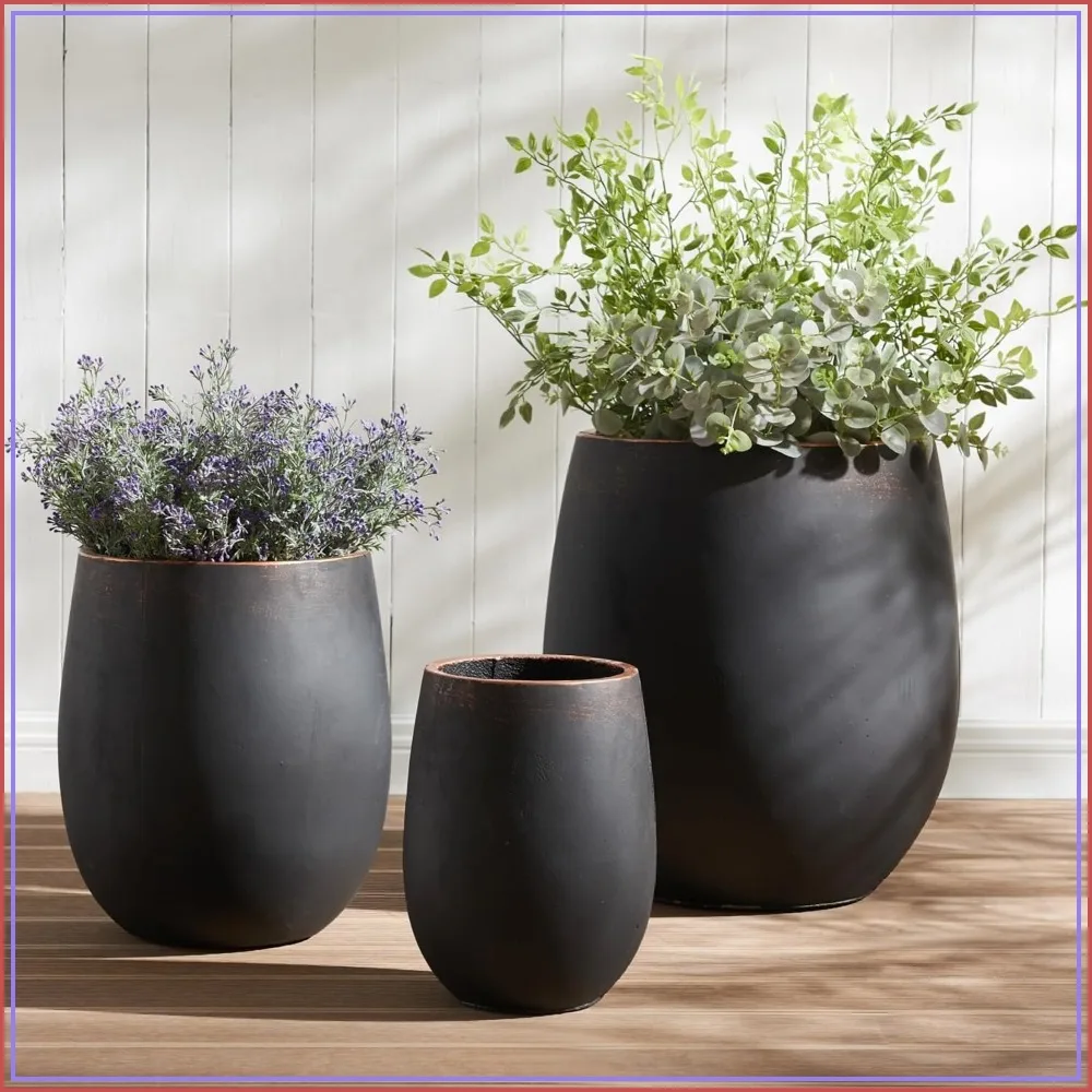 3pc Round Weathered Concrete Planter Set 17.7in 13.3in 9.5in Drainage Indoor Outdoor