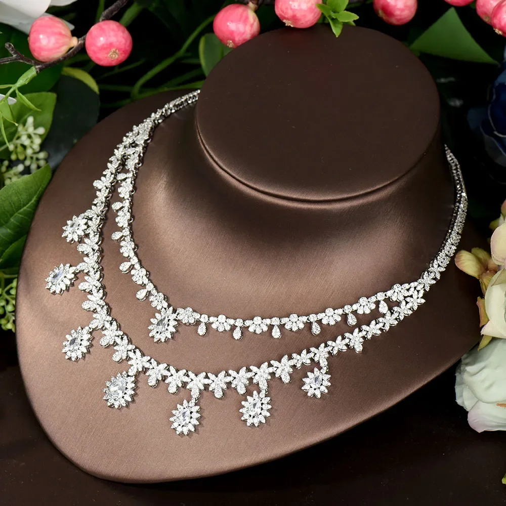 Moda coreana due strati impilati fiore collana pendente orecchini gioielli donne set nuziale festa cena vestito accessori Q-46