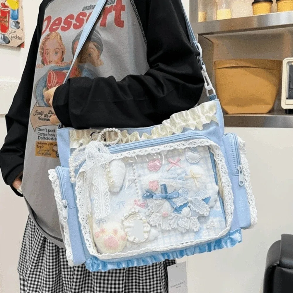 

New Ballet Style Lolita Transparent Crossbody Bag Large Capacity DIY Lace Itabag Sweet Bowknot Tote Bag Japanese