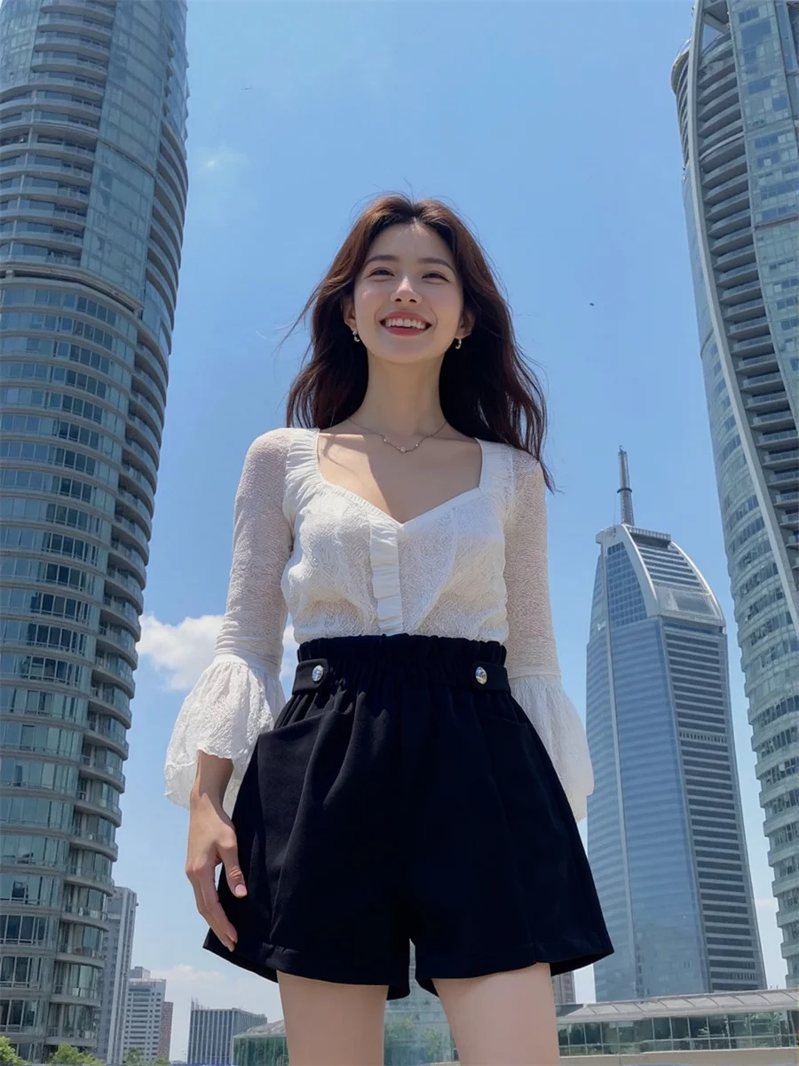 

Черные шерстяные широкие шорты, женские кружевные мини-короткие джинсы, эстетические, милые, стильные, школьные, Kawaii, для девочек, облегающие, для ночного клуба, с рюшами