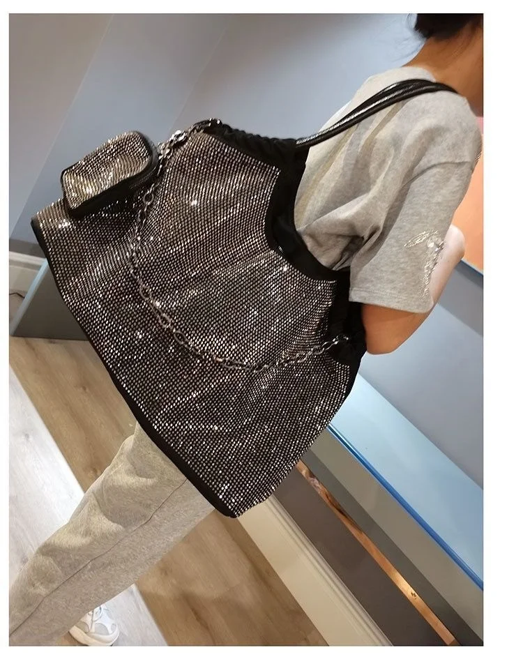 Bling Rhinestones Bucket Women Tote Bag With Diamonds Casual Large Purse And Handbag Crystal Stylish Crossbody Bags With Chain