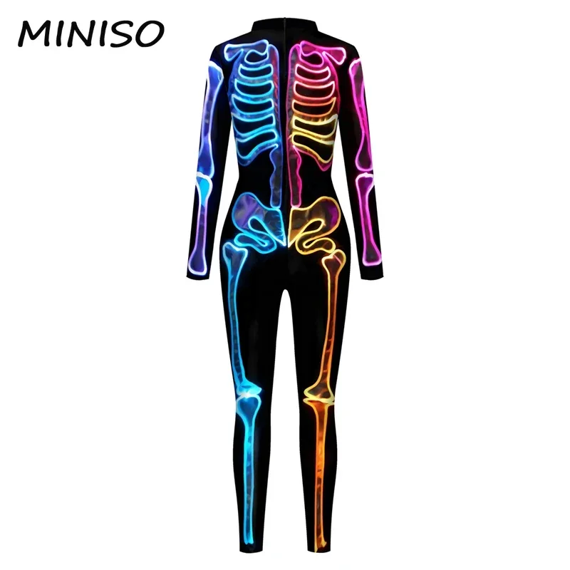 Halloween MINISO Cosplay Abbigliamento donna Scheletro Stampa 3D Costumi Catsuit Abiti Cosplay Dress Up Tuta Zentai Tuta