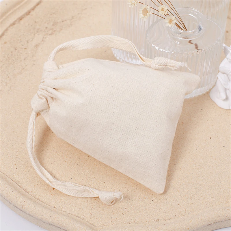 Small Canvas Drawstring Bag Portable Cosmetic Jewelry Travel Storage Pouch Dustproof Eco Cotton Cloth Bags for Women Solid Color