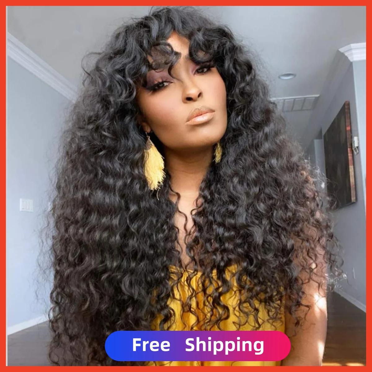 Fringe Bang Wig With Fake Scalp Human Hair Water Wave Glueless Natural Long Deep Curly Brazilian Hair Wigs 180 Density For Women