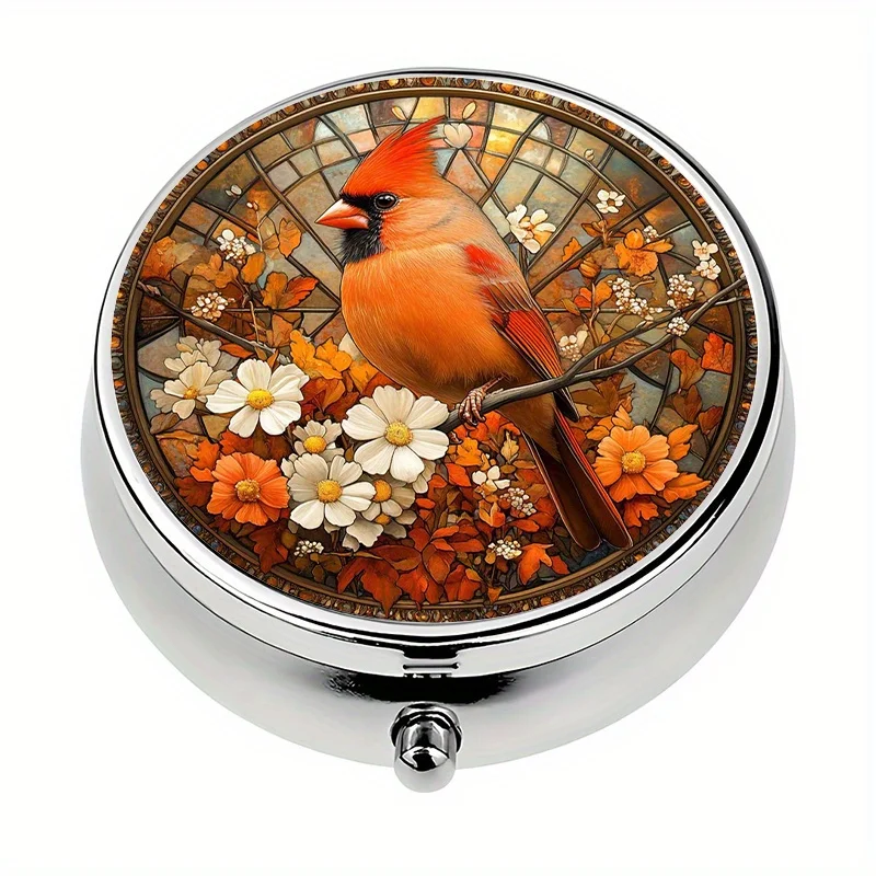 1 piece, travel portable pill box with 3 compartments, Cardinal Bird mini decorative pill box, decorative metal portable medicine and vitamin box, decorative metal storage box for storing medicine and vitamins