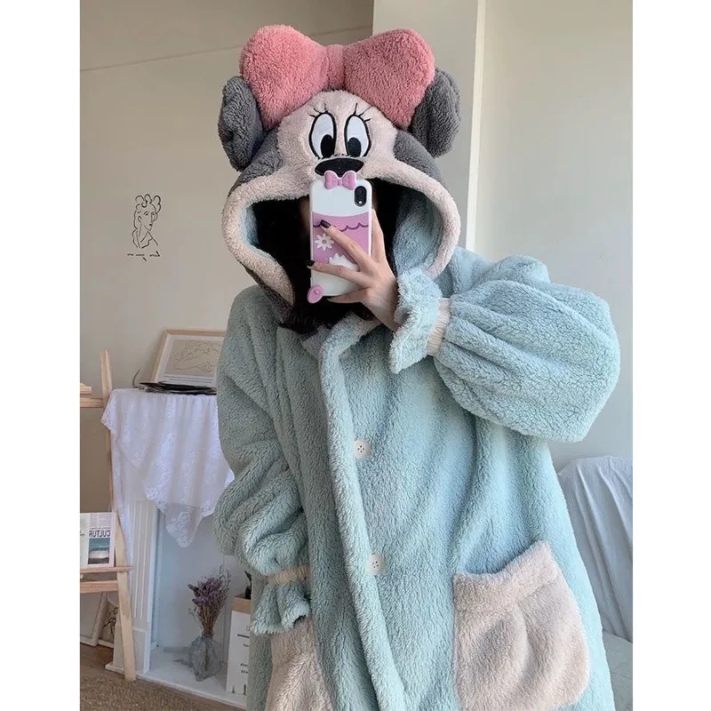 Miniso Disney Mickey Mouse Plush Warm Pajamas Set Big Bows Kawaii Hooded Robe Button Oversized Winter Sleepwear Women Clothing