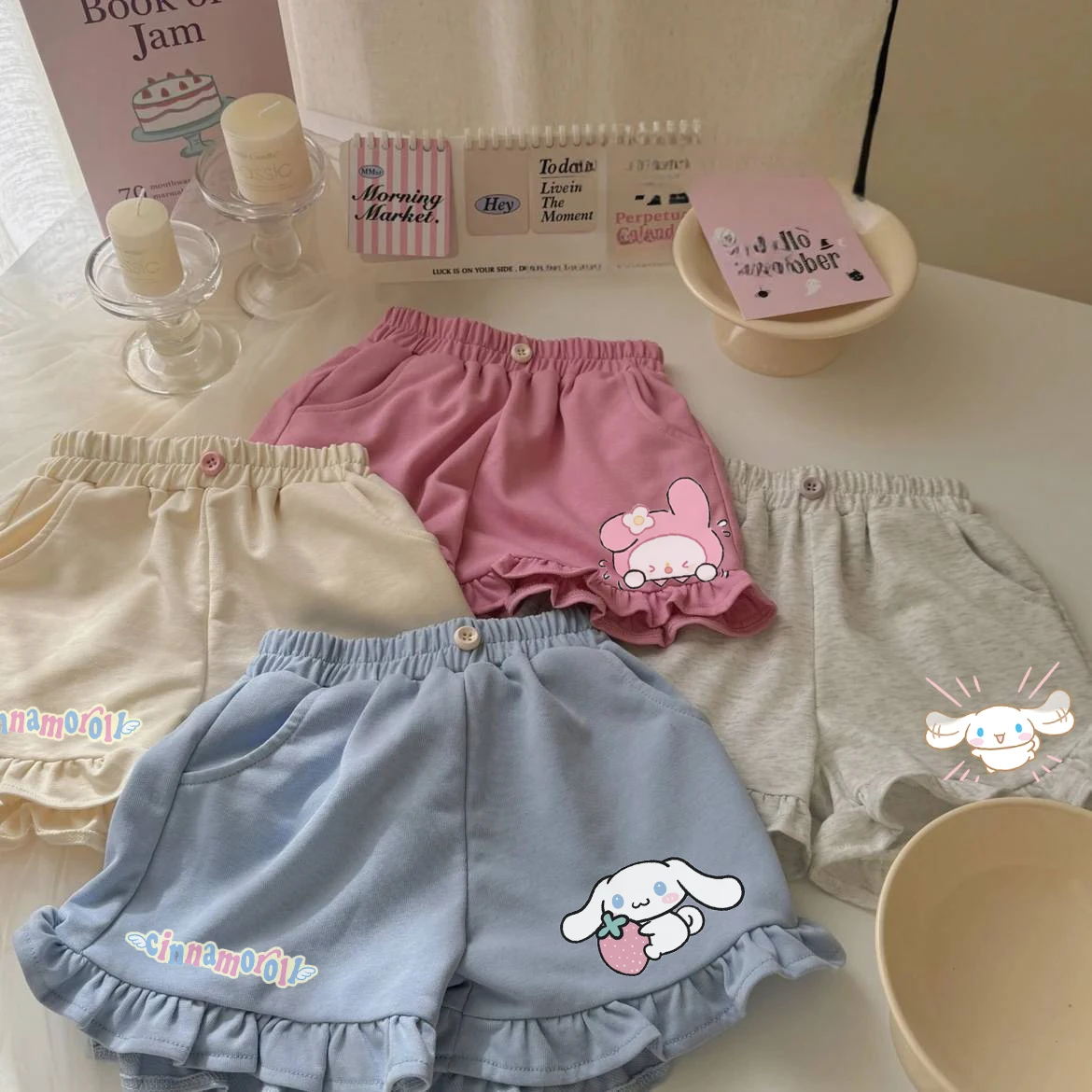 

Anime Sanrio Children's Clothing Cinnamoroll Kids Shorts Cute Kuromi Mymelody Summer Cotton Loose Casual Ruffle Baby Girl Pants