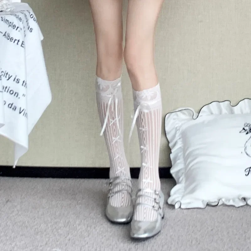 New Design Ballet Style Silk Ribbon Bow Leg Socks Japanese Jk Women Sexy Fishnet Hollowed Out Lace Stripe Medium Tube Mesh Socks image 3