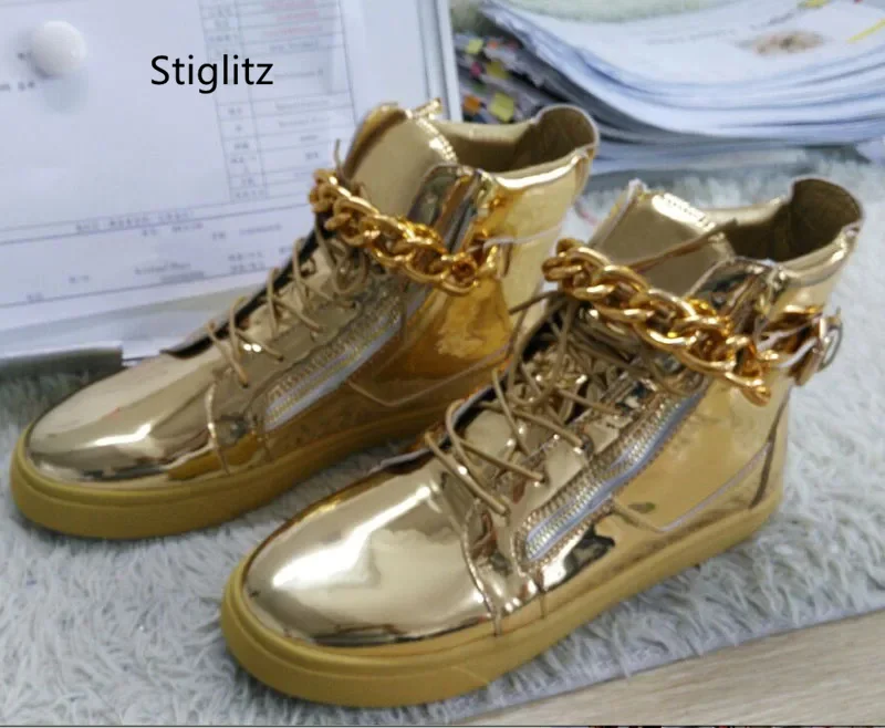 Gold Silver Chain High-Top Men's Shoes Casual Sneakers Shoes Sweat-Absorbing Breathable Mirror Leather Couple Shoes Ankle Boots