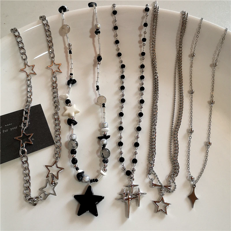 Kpop Vintage Star Cross Pendant Beaded Chain Necklace For Women Men Aesthetic Grunge Goth Cool Y2K EMO Charm Jewely Accessory