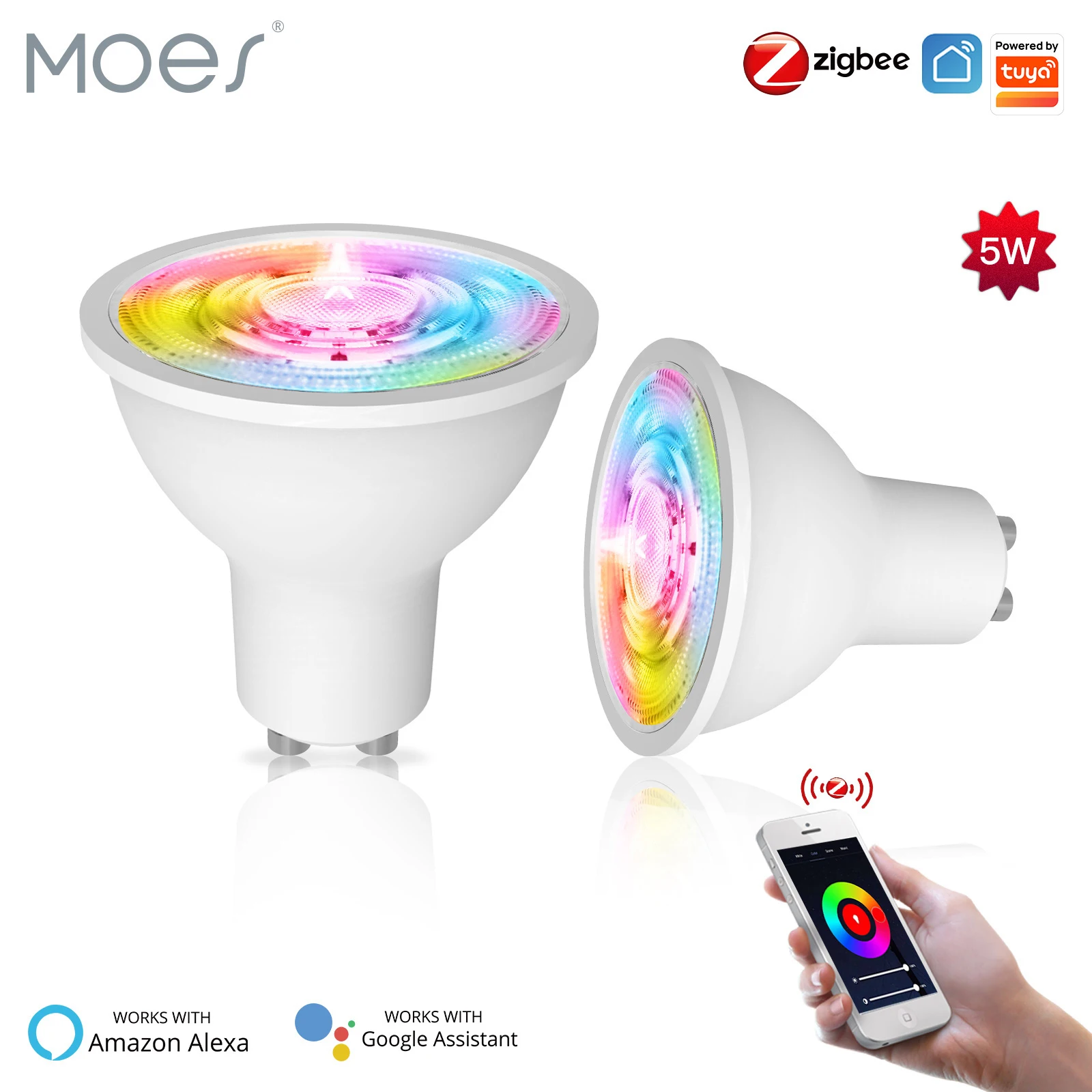 MOES Tuya ZigBee GU10 Smart LED-lampen RGB C+W Wit Dimbare lampen Smart Life APP Controle Gloeilampen Voice Alexa/Google
