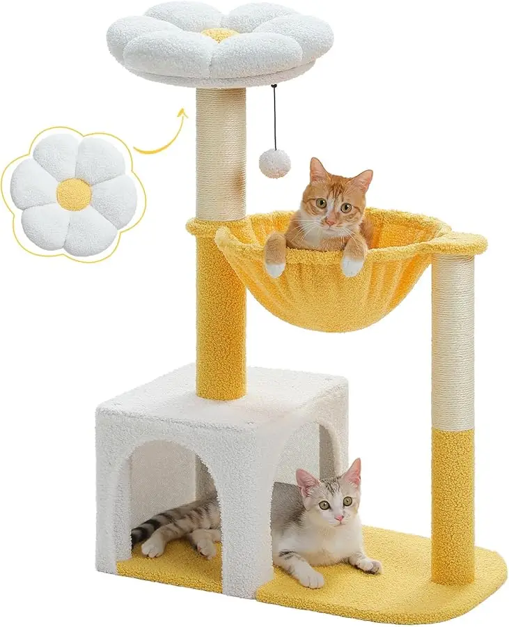 

Cute Cat Tree with Flower Top Bed - Cloud Scratching Posts, 35" Small Cat Tower with Large Metal Frame Hammock for Indoor Cats,