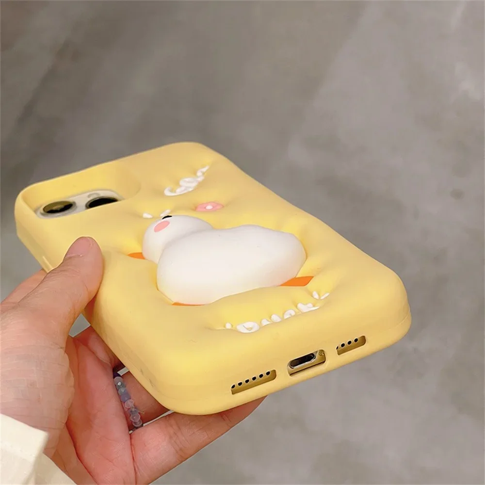 Soft Silicone 3D Cartoon Duck Case For iPhone 15 14 16 Plus 16 Pro Max Decompression Squeeze Cute Rabbit Cover For iPhone 13