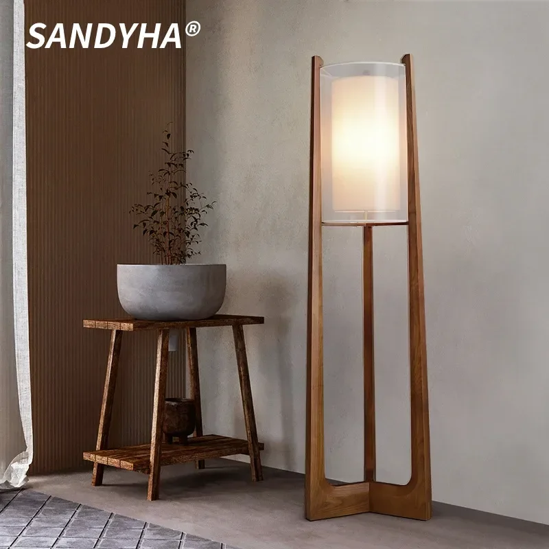 

SANDYHA Japanese Fabric Floor Lamp Triangular Solid Wood Lights Stand Design Lighting Fixture Living Room Bedroom Decoration