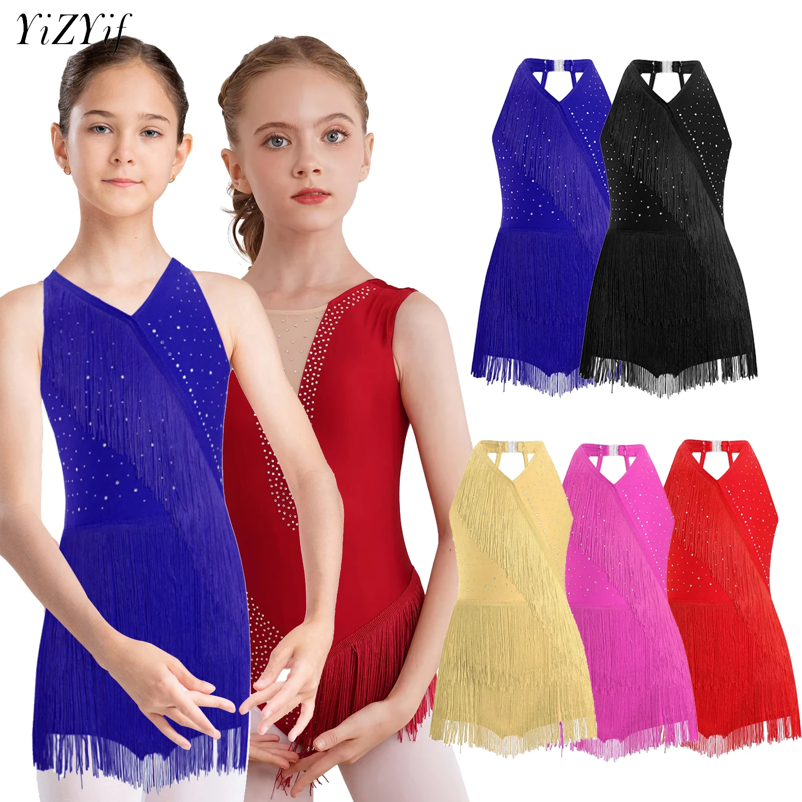 

Girls Tassel Latin Dance Dress Glittery Sleeveless Modern Ballet Jazz Dance Bodysuit Children Competition Performance Costume