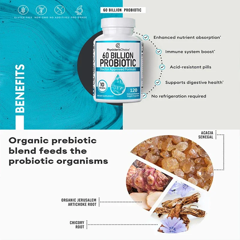 Probiotics 60 Billion CFU - 10 Strains + Organic Prebiotics, Immune, Digestive, Gut Health, Supports Constipation, Gas, Bloating