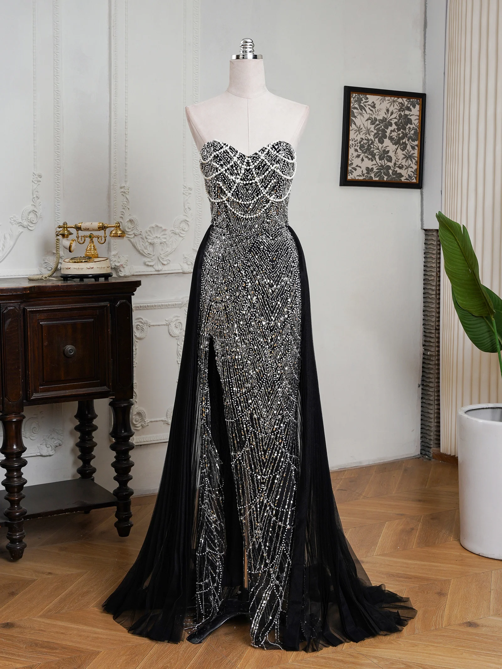 Multi- Colors Luxury Crystal Pearls Evening Dresses Sexy Beading Arabic Prom Dress Slit Formal Occasion Wedding Dress Customized image 2