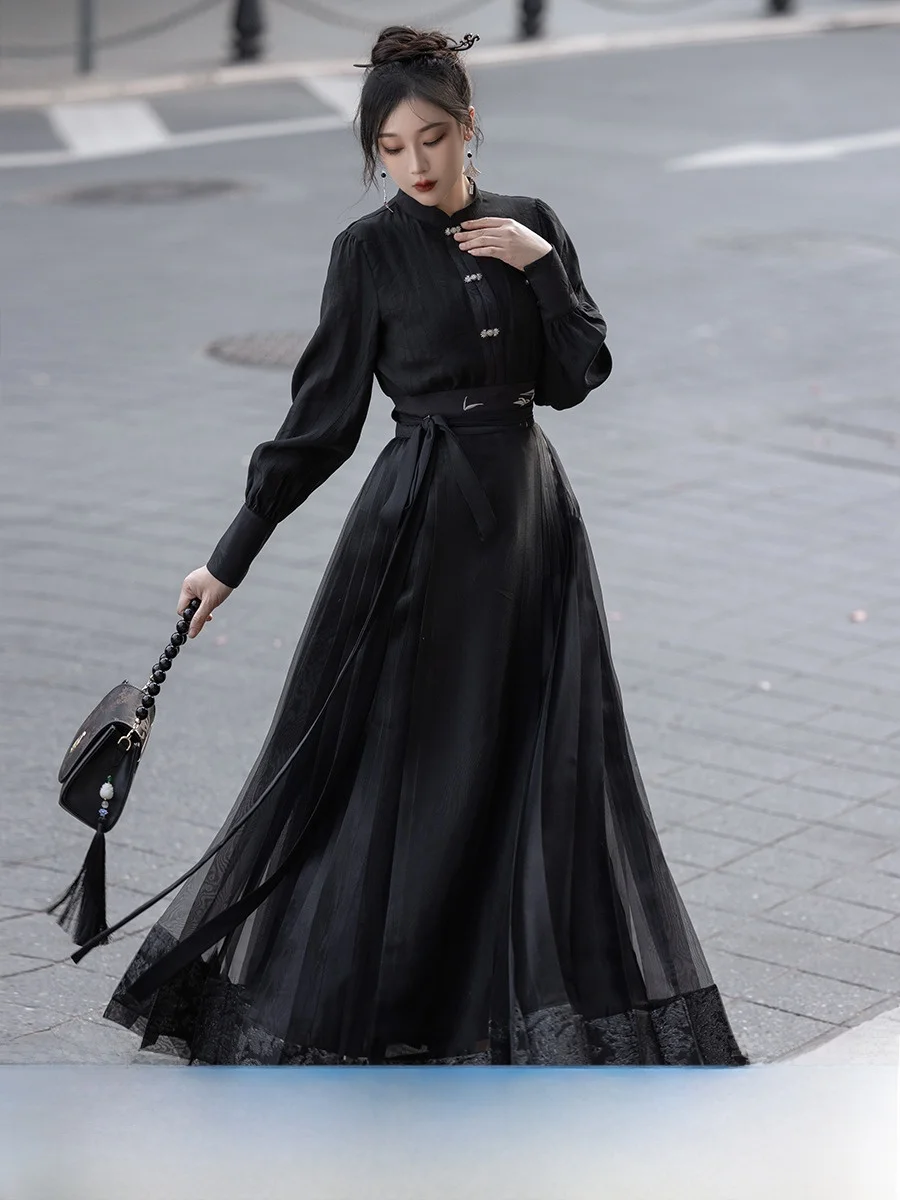 

Daily Wear Bla Tulle Hanfu Skirt Commute Friendly Original Design 00 Fold Tail Skirt for Office Wear Spring Autumn