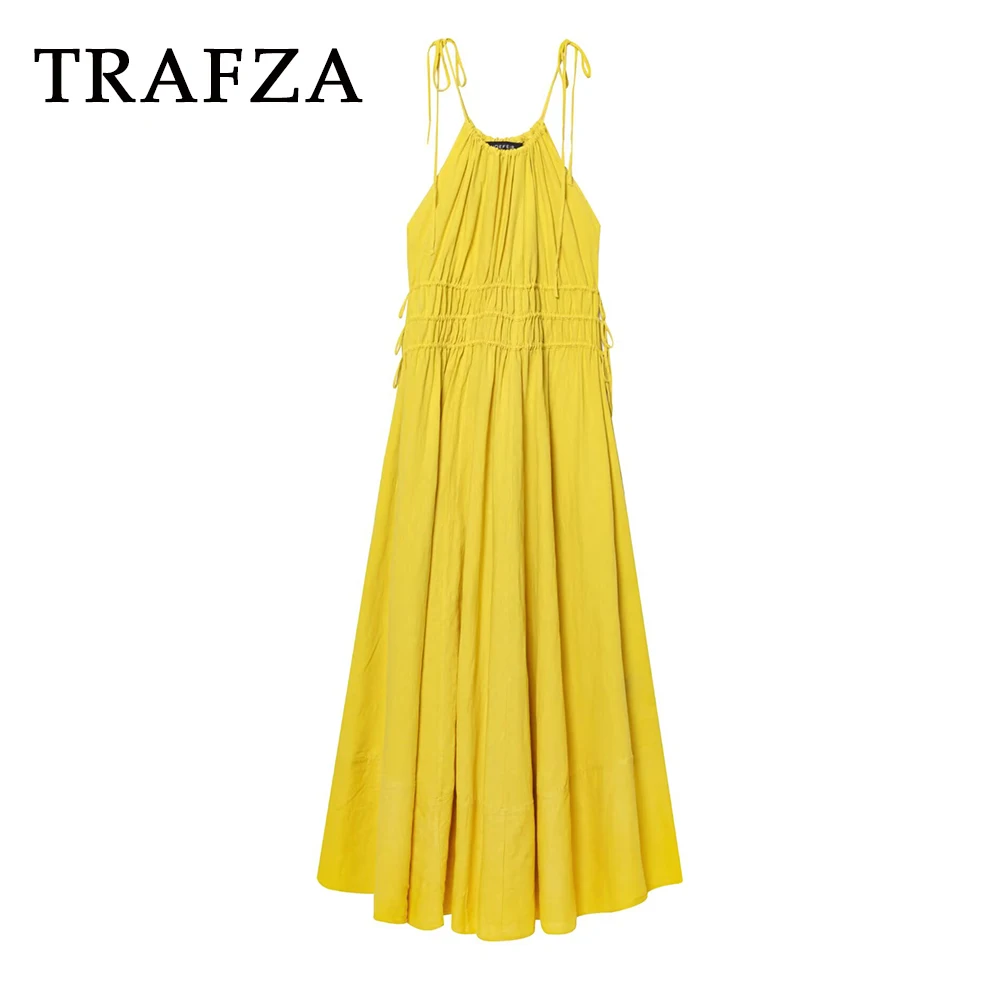 

TRAFZA Chic Yellow Sexy Elegant Woman Dresses Fashion 2025 Summer Holiday Sleeveless Pleated Long Dress Beach Female Vestidos