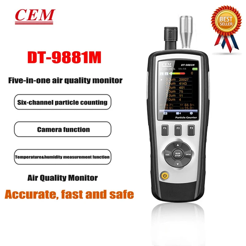 CEM DT-9881M Handheld Cleanroom Particle Counter HCHO CO (PM 0.3,0.5,1.0,2.5,5.0,10μm) Air Quality Detector with Camera