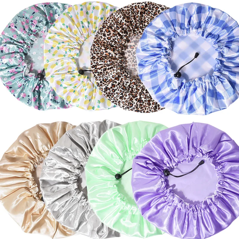 Extra Large Reusable Waterproof Shower Cap, Double‑Layer Bath Cap With PEVA Lining, Adjustable Elastic Band Hair Cover for Women