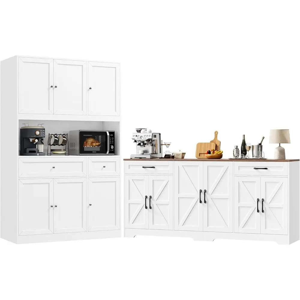 

71 Double Kitchen Cabinets, 72 Tall Pantry with Microwave Shelf, Storage Sideboard, Coffee & Wine Bar Table for Dining