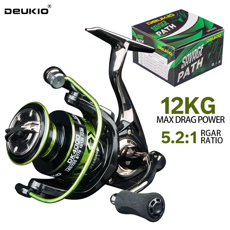 DEUKIO Moulinet de pêche en mer, rapport de transmission 5.2:1, puissance de traction maximale de 12 kg, moulinet de pêche à la carpe tout en métal pour eau salée et eau douce