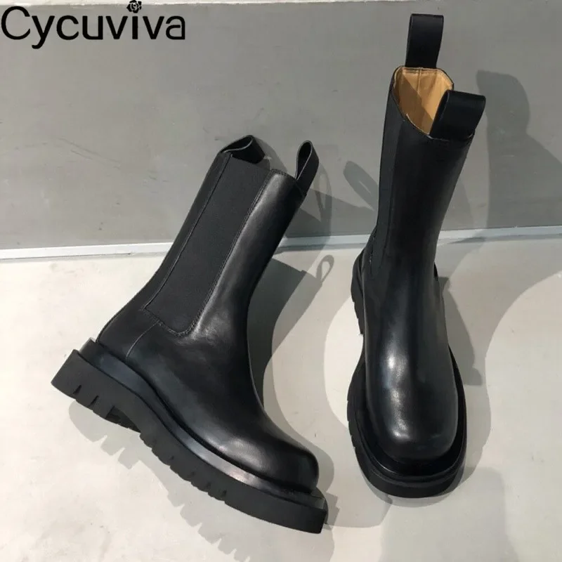 Mid-calf Chelsea Boots Women Shoes Genuine Leather Black Platform Shoes Female Bottnes Casual Motorcycle Boots For Women