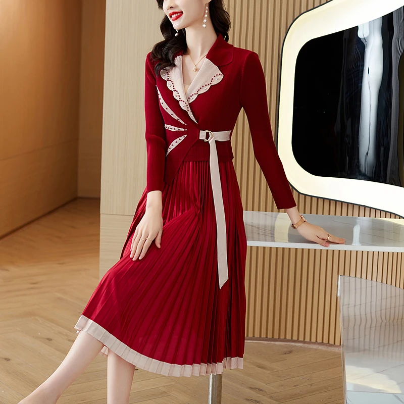 2024 Autumn And Winter New Miyake Pleated Nail Bead Dress For Women Loose Plus Size Slimming Knee Length Long Skirt Robe