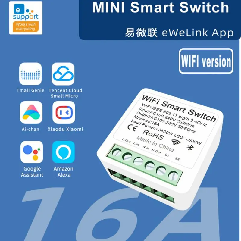 Aubess-Interruptor Inteligente EWeLink, Módulo de Relé Doméstico Inteligente, Suporte Controle de 2 Vias, Mini Interruptor de Luz WiFi, Trabalho Via