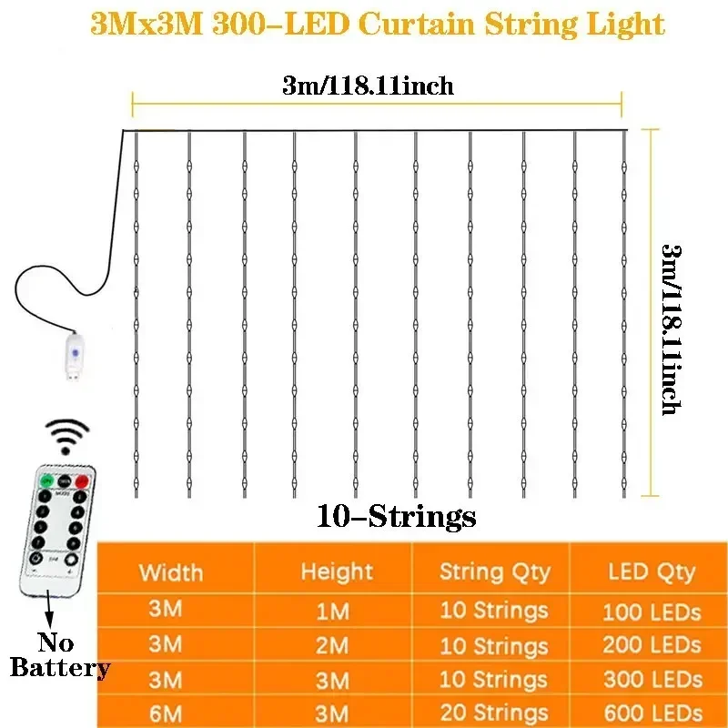3/6M USB String Light Fairy Garland Curtain Lamp With Hook 8 Function Remote Control For Wedding Party Decoration