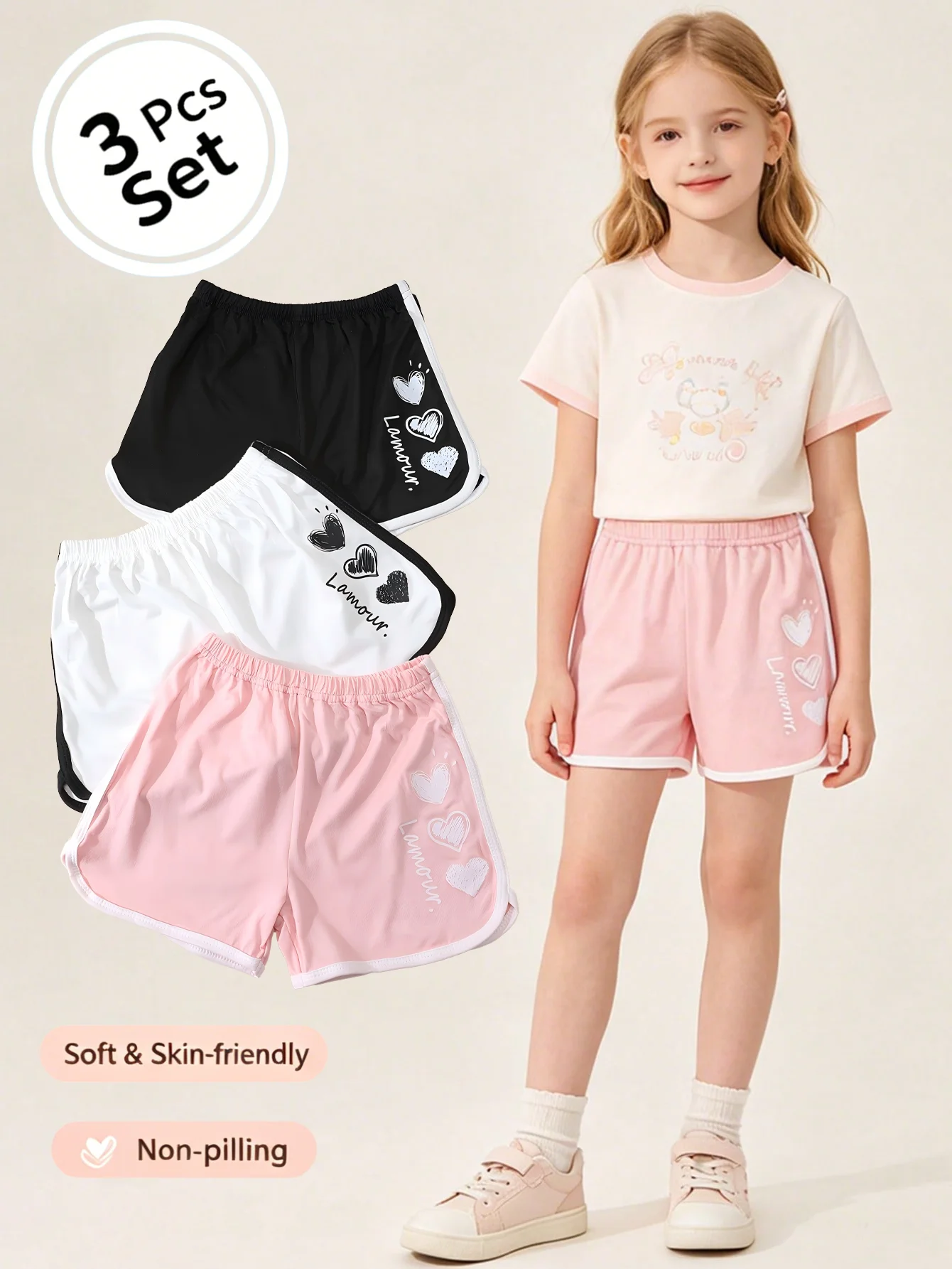 3 Pcs/Set Girl's Summer Candy-Color Shorts Love Heart Print Loose Sports Pants Kids Casual Beach Wear Breathable Hot Pants 2-11Y