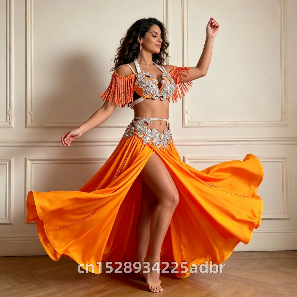 New Belly Dance Suit Gradient Orange Bra Top and Long Skirt for Women Stage Performance High-End Adult Competition Clothing